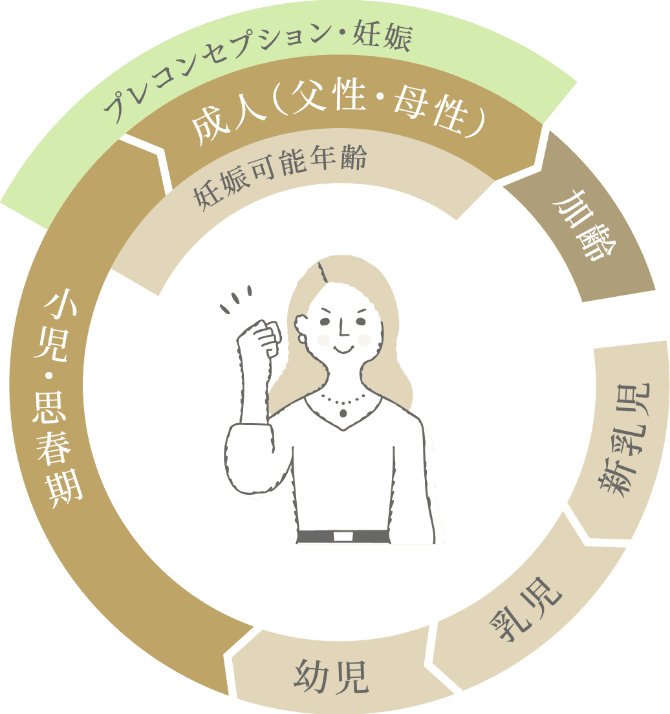 プレコンセプション・妊娠 新乳児 乳児 幼児 幼児・思春期 成人（父性・補正）妊娠可能年齢 加齢